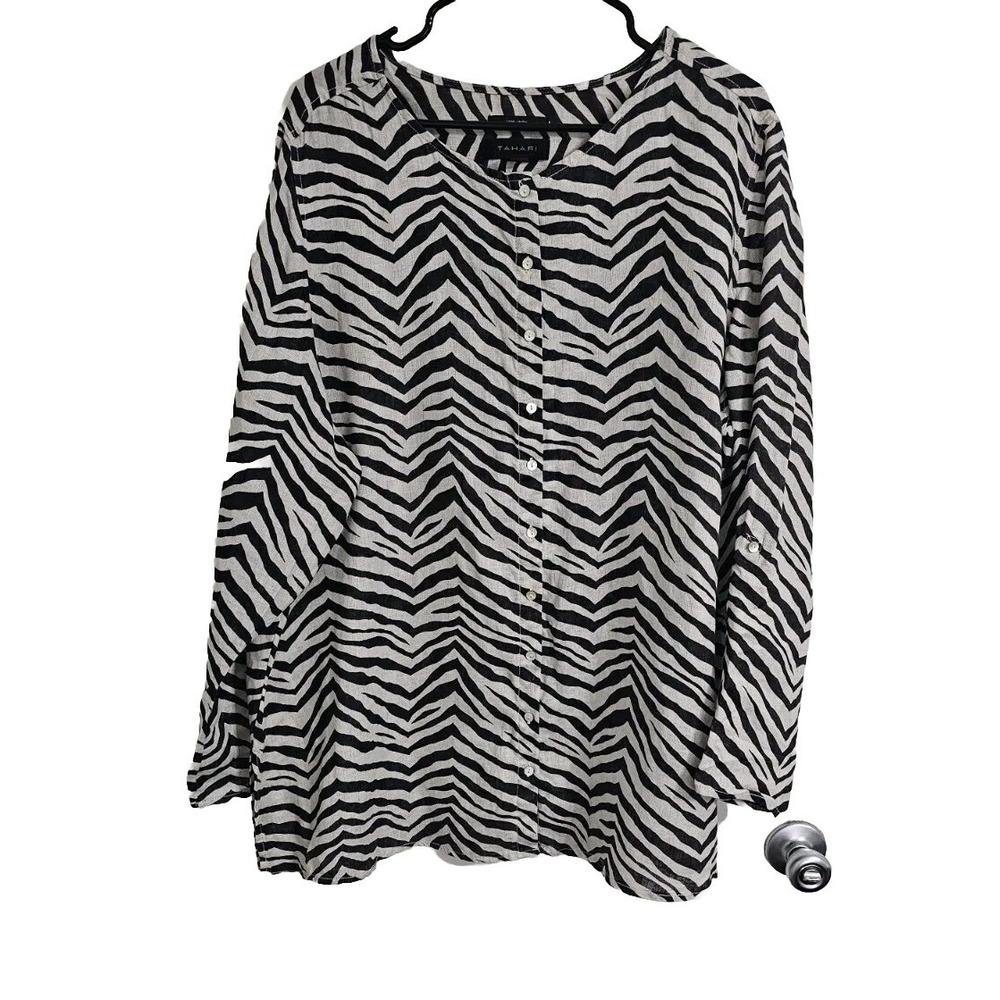Tahari Button Down Top Women 3X  Brown‎ 100% Linen Animal Print Roll Tab Sleeves